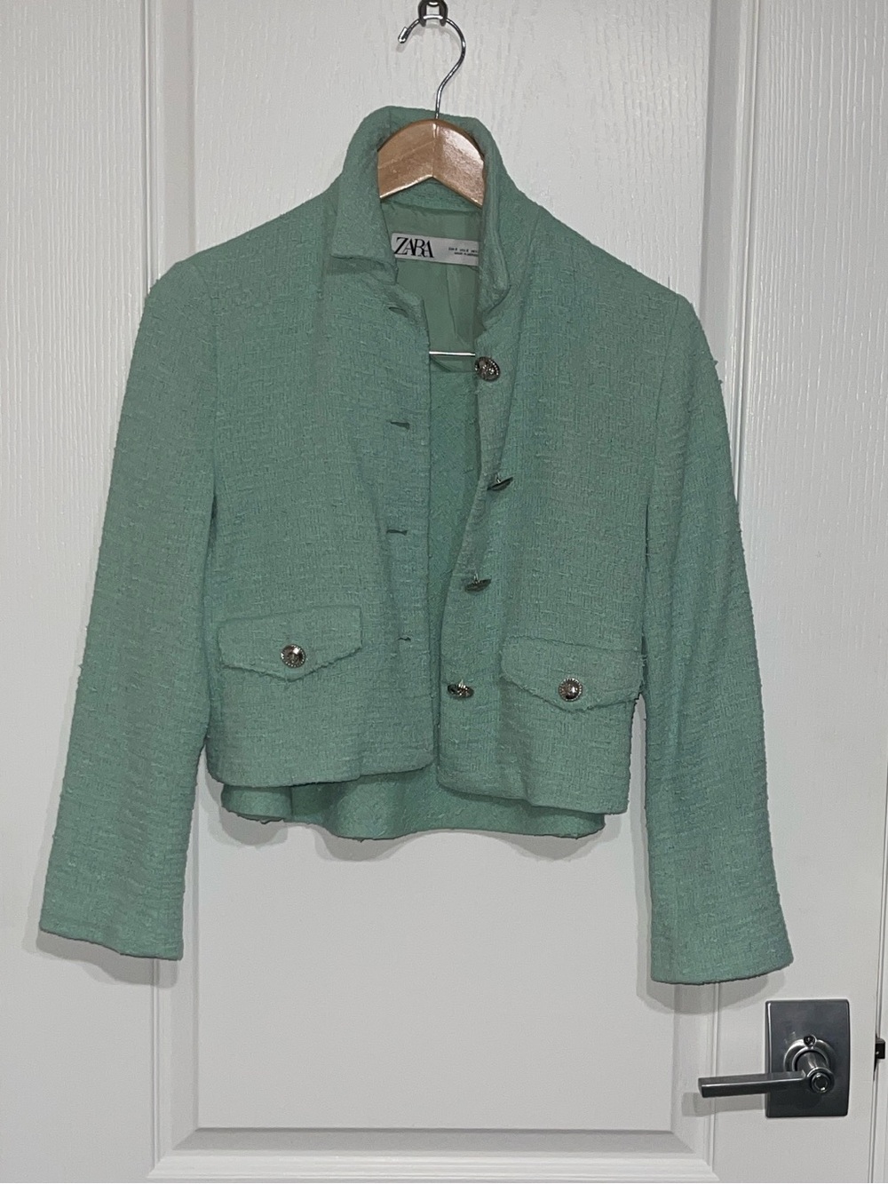 ZARA Aquamarine Turquoise Teal Green Blue Textured Jacket Tweed Skirt Set Small - Picture 5 of 14
